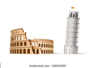 Famous Italian Landmarks - The Leaning Tower Of Pisa And Coliseum Of Rome. Ancient Architectural Monuments, Old Buildings. Ruins Of Gladiators Fights. 3d Travelling And Tourism Design Vector Elements