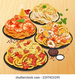 Famous italian pasta set menu banner close up illustration vector. 
Italian bacon carbonara pasta with cheese. Seafood pasta with mussels shrimps and squids. 
Vegan mushroom carbonara spaghetti menu.