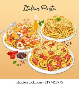 Famous italian pasta set menu banner close up illustration vector. 
Italian bacon carbonara pasta with cheese. 
Seafood pasta with mussels shrimps and squids. 
Vegan mushroom carbonara spaghetti menu.