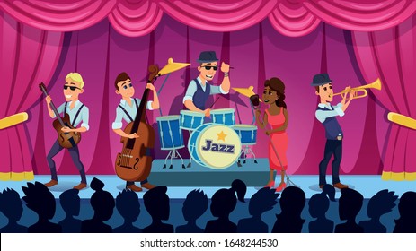 Famous Jazz Band with Drummer, Guitarist, Trumpeter, Double Bass Player and African-American Female Vocalist Singer Performing on Nightclub, Concert Hall Stage for Public Cartoon Vector Illustration