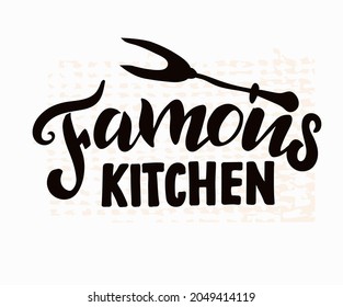 Berühmter Küchentext, Restaurant-Logo, Food Court Design, Café-Logo-Vorlage, Vektorgrafik, handgezeichnete Schrift.