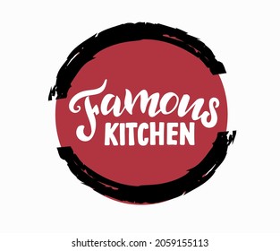 Famous kitchen text, restaurant logo, food court design, café logo template, vector illustration, hand drawn lettering.