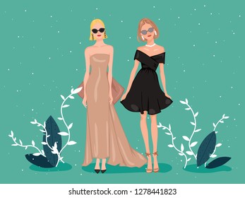 Famous Lady Woman Fashion Model with Dress Clothes Brown and Black with sunglasses, formal or glamour outfit can be use for night party