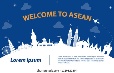 famous landmark of ASEAN,travel destination,silhouette design with white  and dark blue color,vector illustration