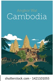 Famous Landmark of Cambodia, Angkor Wat. Vector illustration. Siem Reap, Cambodia.