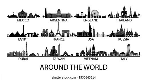 famous landmark of country in Asia Europe and America silhouette style with black and white classic color design include by country name,vector illustration