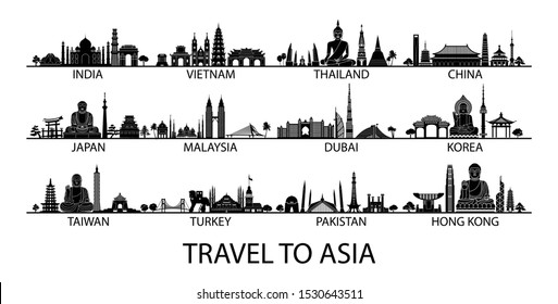 famous landmark of country in Asia silhouette style with black and white classic color design include by country name,vector illustration