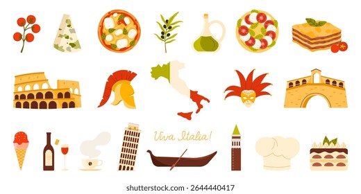 Famous landmark and culture of Italy set. Viva Italia handwritten text, architecture and monuments of Rome, Pisa and Venice, chefs hat and Italian food, gladiator helmet cartoon vector illustration
