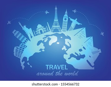 Famous landmark located around the globe. Isolated on dark blue background. Vector illustration in flat design. Major tourist destinations the world. Rest and travel concept.