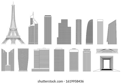 Famous landmark of Paris, France for travel poster and postcard in flat drawing style. Black and white vector illustration isolated on white.