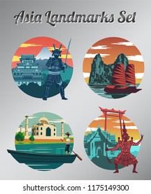 famous landmark and symbol of Thailand,Japan,Vietnam and Indiafor cloth and web design,vintage color,vector illustration
