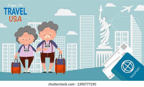 Famous landmark for travel architectural sights .Elderly couple tourists travel USA.on the world Time to Travel concept vector illustration.