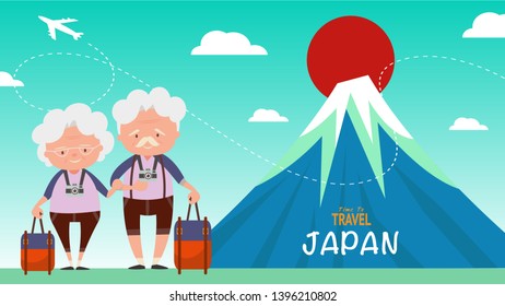Famous landmark for travel architectural sights .Elderly couple tourists travel on the world Time to Travel concept vector illustration.