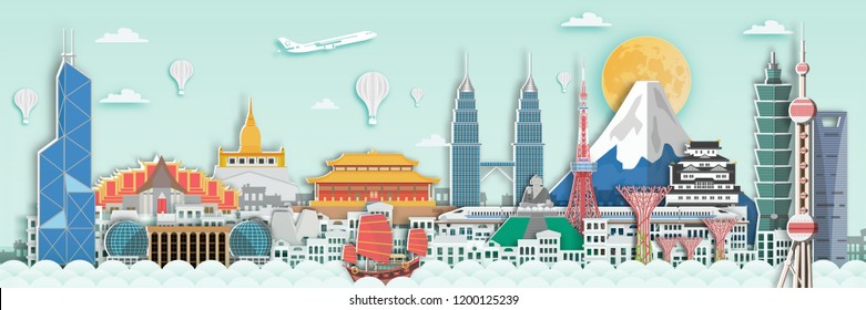 Famous landmark for travel card in Asia ,Japan,Thailand,Hongkong,singapore,malaysia,China in paper art style.