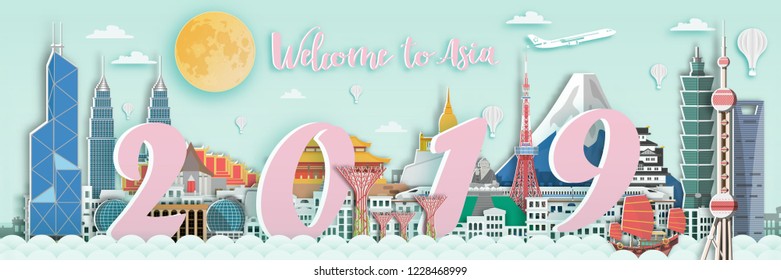 Famous landmark for travel card in Asia 2019 ,Japan,Thailand,Hongkong,singapore,malaysia,China in paper art style.