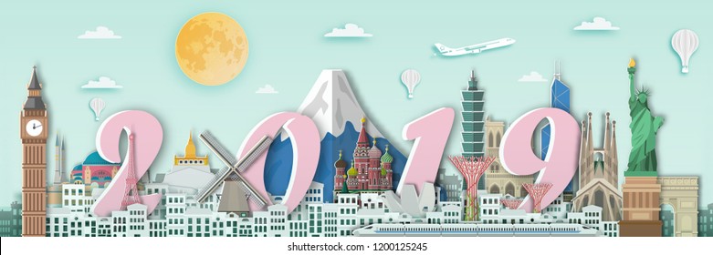 Famous landmark for travel ,England,France,Spain,America,China,Japan,Malasia,singapore,Italy,Hongkong,Turkey,Taiwan,Dubai in paper art style.