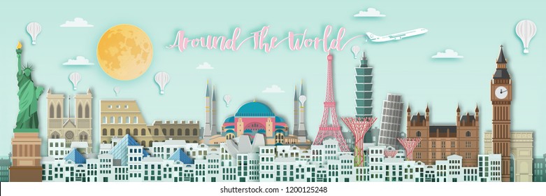 Famous landmark for travel ,England,France,Spain,America,China,Japan,Malasia,singapore,Italy,Hongkong,Turkey,Taiwan,Dubai in paper art style.