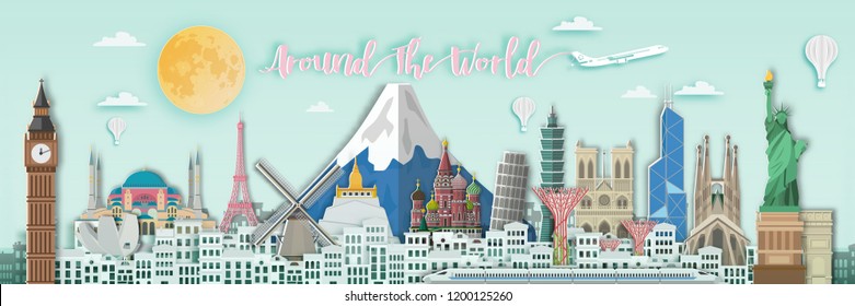 Famous landmark for travel ,England,France,Spain,America,China,Japan,Malasia,singapore,Italy,Hongkong,Turkey,Taiwan,Dubai in paper art style.