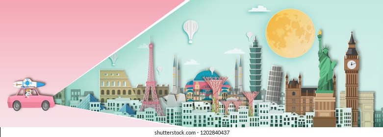 Famous landmark for travel ,England,France,Spain,America,China,Japan,Malasia,singapore,Italy,Hongkong,Turkey,Taiwan,Dubai in paper art style.