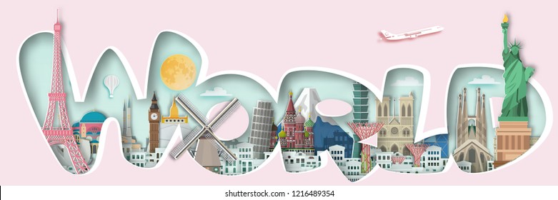 Famous landmark for travel ,England,France,Spain,America,China,Japan,Malasia,singapore,Italy,Hongkong,Turkey,Taiwan,Dubai in paper art style.