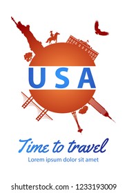 famous landmark of usa  on globe brochure design in national flag color design theme,time to travel,vector illustration