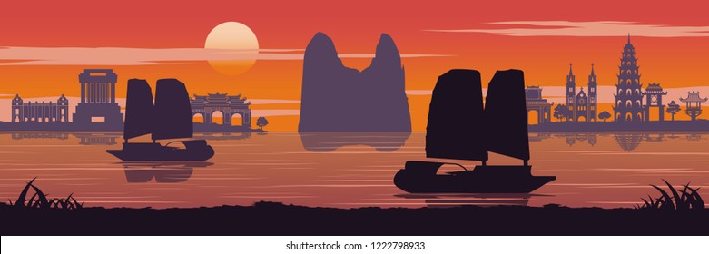 famous landmark of Vietnam,Ship,Ha long bay,Emperor palace complex in Hue and Tran Quoc pagoda in sunset time,silhouette design,Vintage color,vector illustration