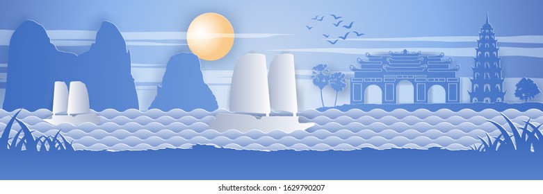 famous landmark of Vietnam,Ship,Ha long bay,Emperor palace complex,vector illustration