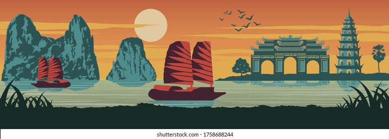  famous landmark of Vietnam,Ship,Ha long bay,Emperor palace complex in Hue and Tran Quoc pagoda in sunset time,silhouette design,Vintage color,vector illustratio