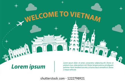 famous landmark of vietnam,travel destination,silhouette design with white  and dark blue color,vector illustration