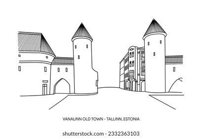 Famous Landmark Viru Gate in Old Town of Tallinn with Towers - Tallinn, Estonia - Line Art Vector Illustration