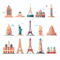 Famous Landmarks From Around The World, Such As The Eiffel Tower, Taj Mahal, Statue Of Liberty, Or Great Wall Of China. These Illustrations Could Be Used In Travel-related Articles, Brochures, Or Soci