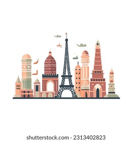 Famous landmarks from around the world, such as the Eiffel Tower, Taj Mahal, Statue of Liberty, or Great Wall of China. These illustrations could be used in travel-related articles, brochures, or soci