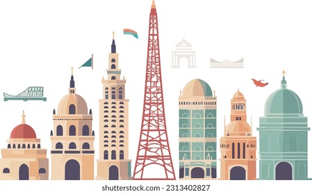 Famous landmarks from around the world, such as the Eiffel Tower, Taj Mahal, Statue of Liberty, or Great Wall of China. These illustrations could be used in travel-related articles, brochures, or soci