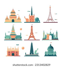 Famous landmarks from around the world, such as the Eiffel Tower, Taj Mahal, Statue of Liberty, or Great Wall of China. These illustrations could be used in travel-related articles, brochures, or soci