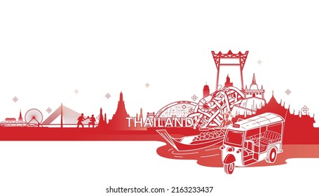 The Famous Landmarks Of Bangkok, Sightseeing In City, Travel Place, Street Food, Bangkok Temple, 
Tuk Tuk.Vector Illustration Of Welcome To Thailand And Tourism Concept.
