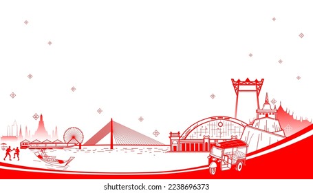 The famous landmarks of bangkok, sightseeing in city, travel place, culture, Bangkok temple, 
tuk tuk.Vector illustration of welcome to Thailand and tourism concept.
