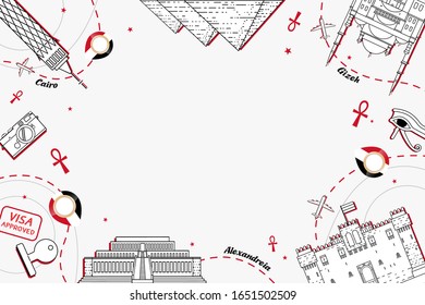 Famous landmarks of egypt in top view composition scene design for travel or tourism and transport