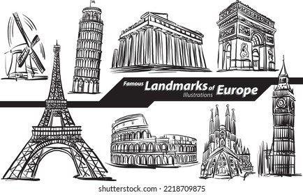 Famous Landmarks of Europe design freehand doodle set collection vector illustration