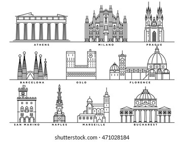 Famous Landmarks of Europe with Flat Line Style