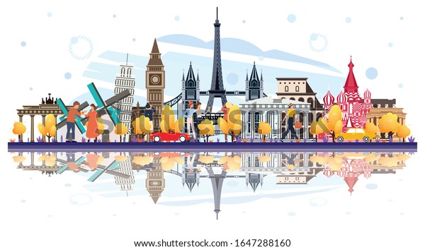 Famous Landmarks in Europe with Reflections\
Isolated on White. Tourists Walking Near of Buildings. Vector\
Illustration. Business Travel and Tourism Concept. Image for\
Presentation, Banner,\
Placard.