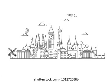 Famous Landmarks In Europe. Travel And Tourism Background. Vector Flat Illustration