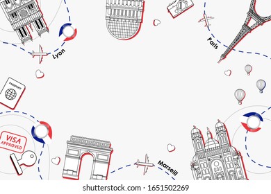 Famous landmarks of france in top view composition scene design for travel or tourism and transport