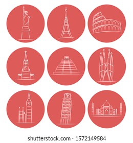 Famous landmarks icon set. Attractions of the world. Freehand graphic