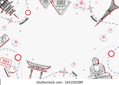 Famous landmarks of japan in top view composition scene design for travel or tourism and transport