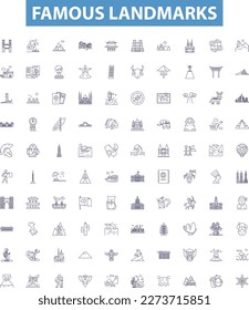Famous landmarks line icons, signs set. Monument, Tower, Citadel, Palace, Ruins, Castle, Temple, Pyramid, Statue outline vector illustrations.