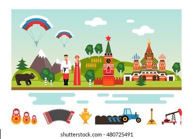 Famous landmarks and national symbols of Russia. Welcome to Russia. Vector illustration