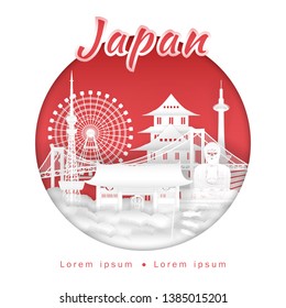 Famous Landmarks and Travel Attraction in Japan in Square Layout, Postcard Template, Object and Element in Paper Cut and Origami Style Vector Illustration