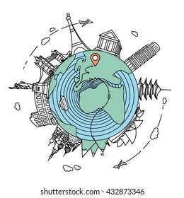 Famous landmarks and travel destinations around the globe. Travel flat line style illustration 