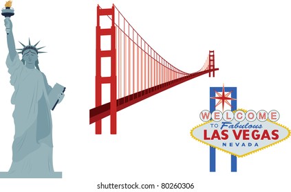 Famous landmarks, USA - Statue of Liberty, Golden Gate Bridge, Las Vegas sign (vector)