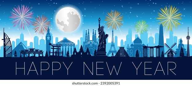 famous landmarks of the world in situation with happy new year night,vector illutration